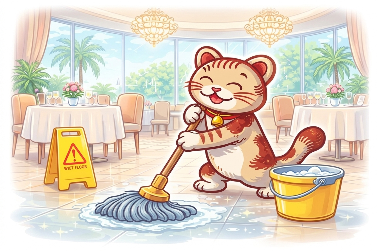 Fei Mao mascot cleaning a hospitality space